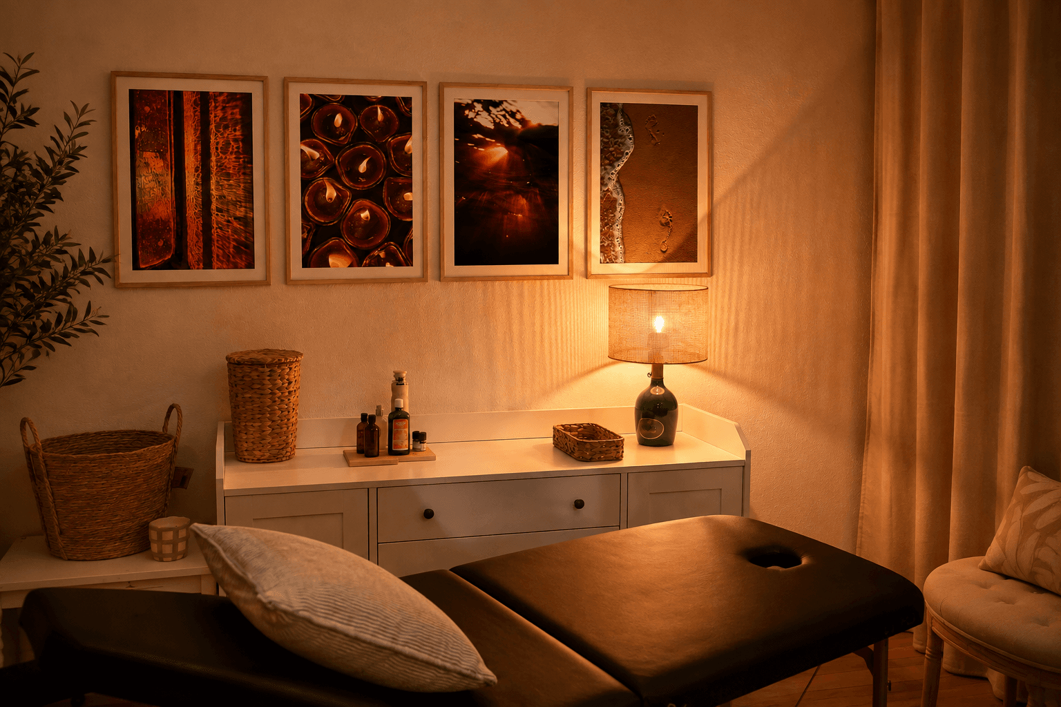 Cabine de massage du salon Nerea Bien-Être, éclairage tamisé